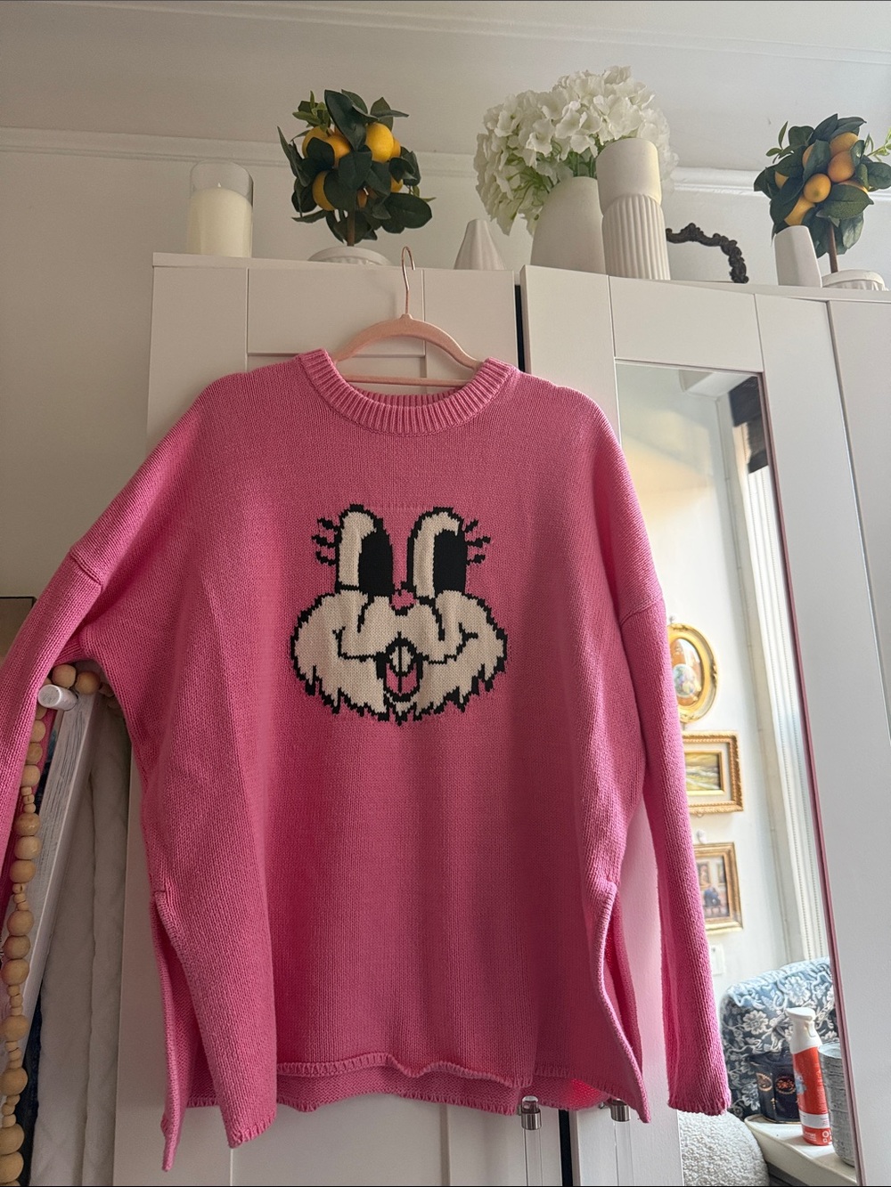 Lazy Oaf Pink Cartoon-Bunny Crewneck Sweater
